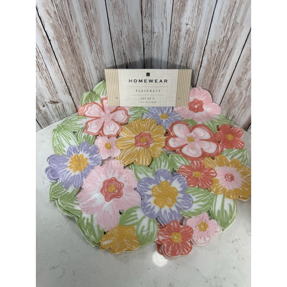 Homeware Flower Bouquet Embroidered Cutwork Round Placemats (4) Vibrant Pastels